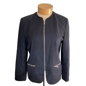 Amanda Smith Petites Navy‎ Blue 100% Wool Zip Front Collarless Blazer Jacket 10P